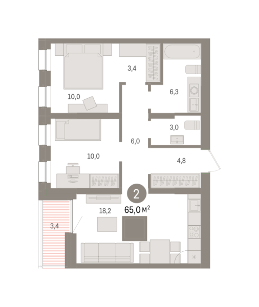 Новая 2-к квартира
 64.95 м² на 9/9 этаже в ЖК «Зарека» в городе Тюмень 