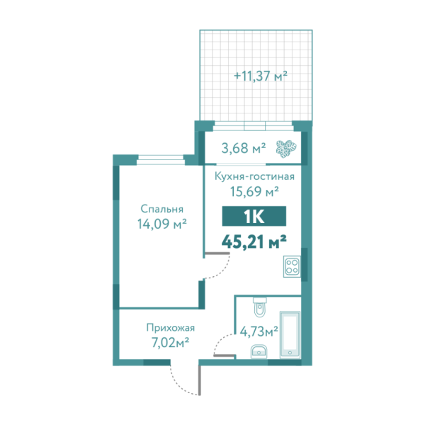 Новая 1-к квартира
 45.21 м² на 1/10 этаже в ЖК «Акватория» в городе Тюмень 