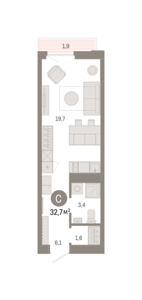 Новая квартира-студия
 32.73 м² на 12/25 этаже в ЖК «Зарека» в городе Тюмень 