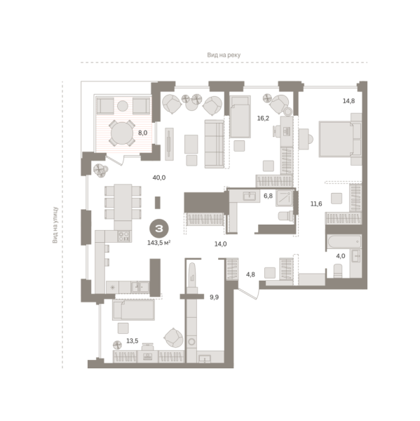 Новая 3-к квартира
 143.53 м² на 23/25 этаже в ЖК «Октябрьский на Туре» в городе Тюмень 