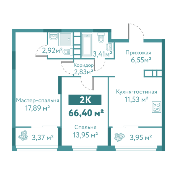 Новая 2-к квартира
 66.4 м² на 9/10 этаже в ЖК «Акватория» в городе Тюмень 