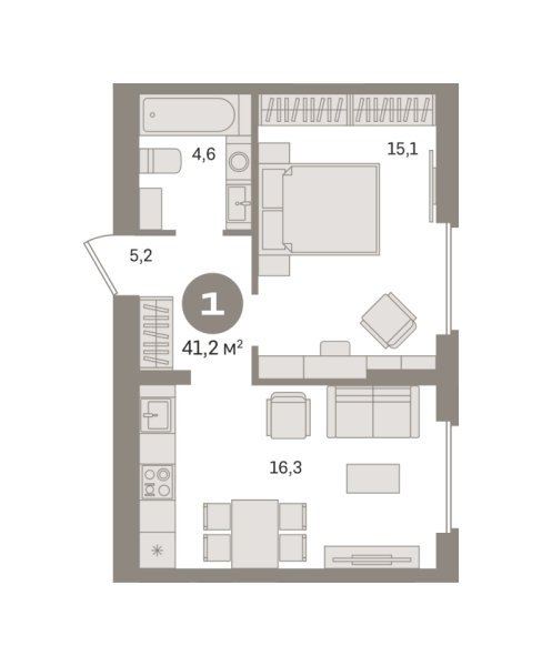Новая 1-к квартира
 41.24 м² на 8/9 этаже в ЖК «Первый квартал» в городе Тюмень 