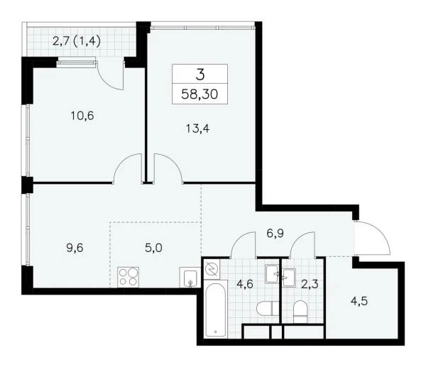 Новая 3-к квартира
 58.3 м² на 30/30 этаже в ЖК «Южные сады» в городе Тюмень 