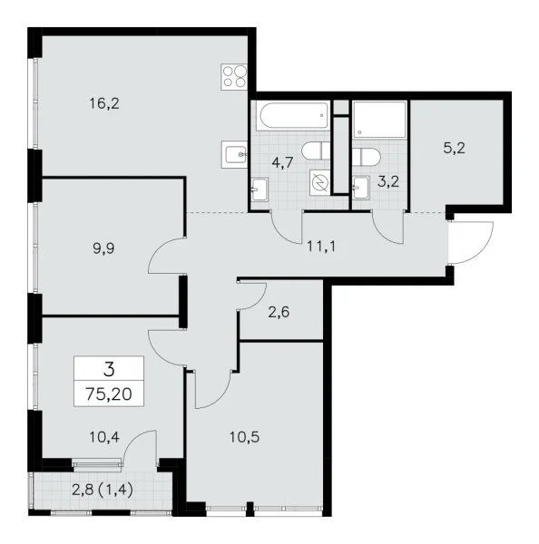 Новая 3-к квартира
 75.2 м² на 25/30 этаже в ЖК «Южные сады» в городе Тюмень 