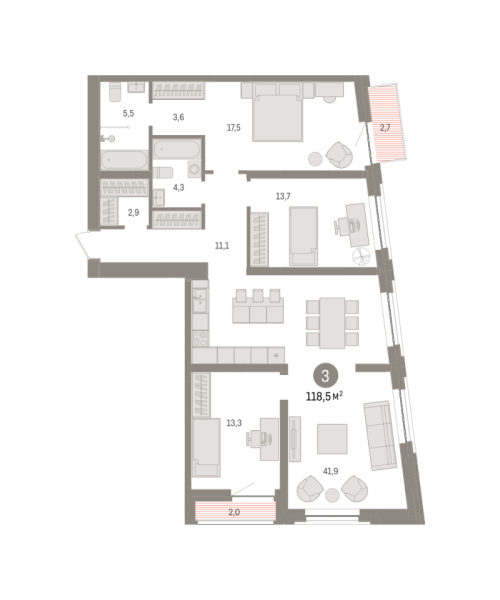 Новая 3-к квартира
 118.5 м² на 2/10 этаже в ЖК «Речной порт» в городе Тюмень 