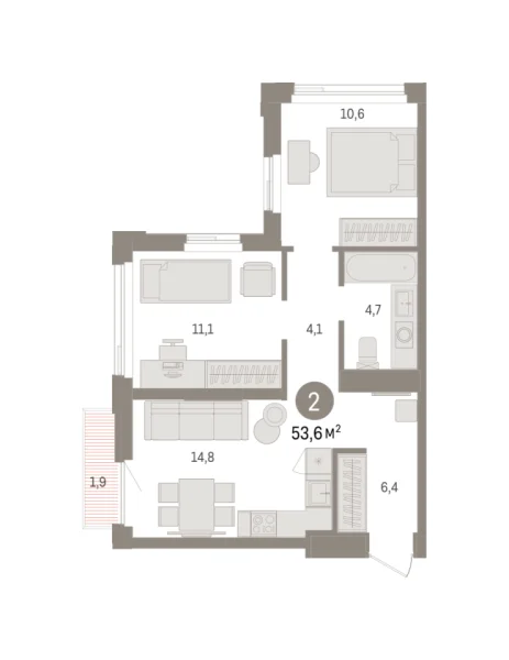 Новая 2-к квартира
 53.61 м² на 16/25 этаже в ЖК «Зарека» в городе Тюмень 