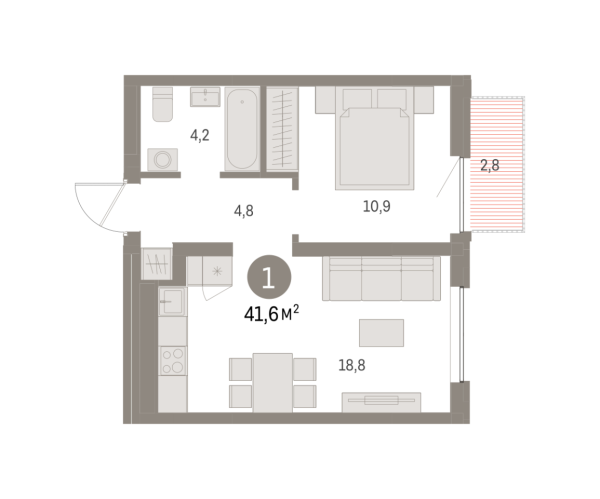 Новая 1-к квартира
 41.55 м² на 6/8 этаже в ЖК «Шишимская горка» в городе Тюмень 