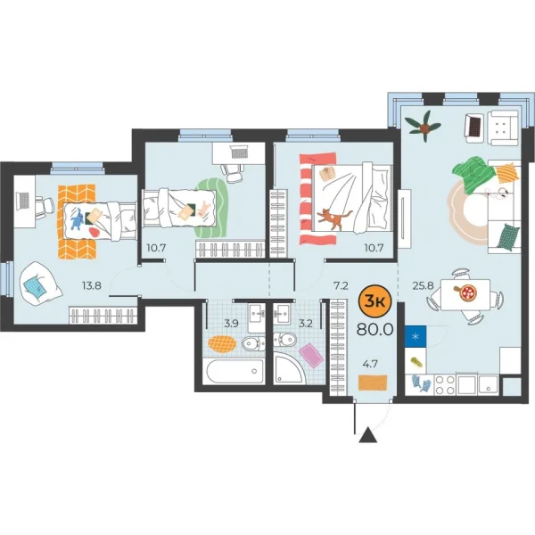 Новая 3-к квартира
 80 м² на 6/25 этаже в ЖК «Корней» в городе Тюмень 