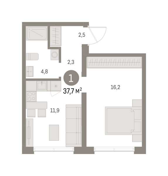 Новая 1-к квартира
 37.65 м² на 1/8 этаже в ЖК «Шишимская горка» в городе Тюмень 
