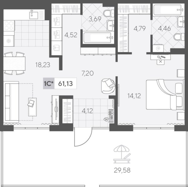 Новая 1-к квартира
 68.21 м² на 1/4 этаже в ЖК «Скандиа. Квартал у Озера» в городе Тюмень 