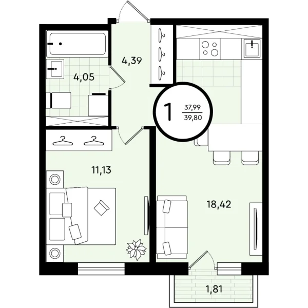 Квартира, 39 кв.м., Тюмень, Тюменская область, Александра Звягина