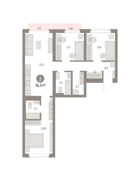 Новая 3-к квартира
 81.48 м² на 7/9 этаже в ЖК «Брусника в Академическом» в городе Тюмень 