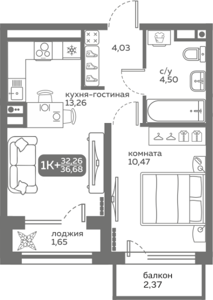 Новая 1-к квартира
 36.31 м² на 5/20 этаже в ЖК «Меридиан Слобода» в городе Тюмень 