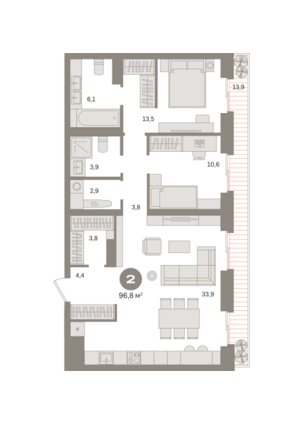 Новая 2-к квартира
 96.76 м² на 11/25 этаже в ЖК «Квартал «МОНС»» в городе Тюмень 