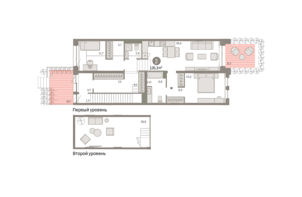 Новая 2-к квартира
 135.28 м² на 1/8 этаже в ЖК «Новин» в городе Тюмень 