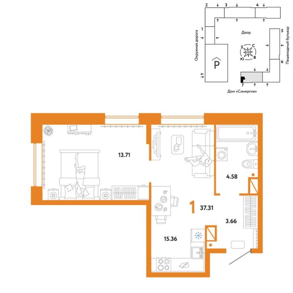 Новая 1-к квартира
 37.31 м² на 12/16 этаже в ЖК «Юнион» в городе Тюмень 