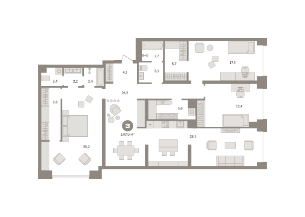 Новая 3-к квартира
 147.59 м² на 2/17 этаже в ЖК «Гудзон» в городе Тюмень 