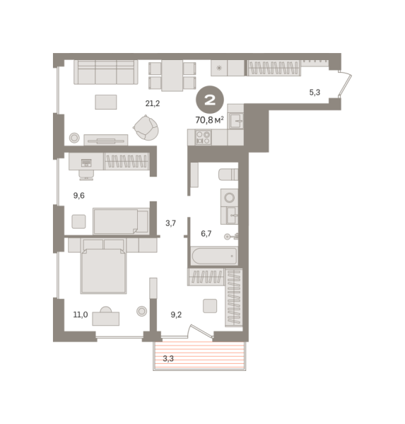 Новая 2-к квартира
 70.78 м² на 3/8 этаже в ЖК «Северный квартал» в городе Тюмень 