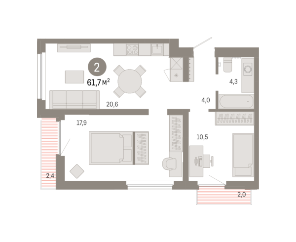 Новая 2-к квартира
 61.69 м² на 9/9 этаже в ЖК «Брусника в Академическом» в городе Тюмень 