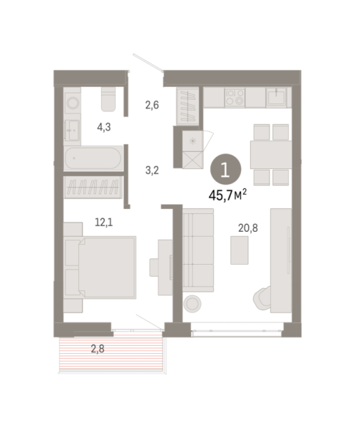 Новая 1-к квартира
 45.71 м² на 7/9 этаже в ЖК «Республики 205» в городе Тюмень 