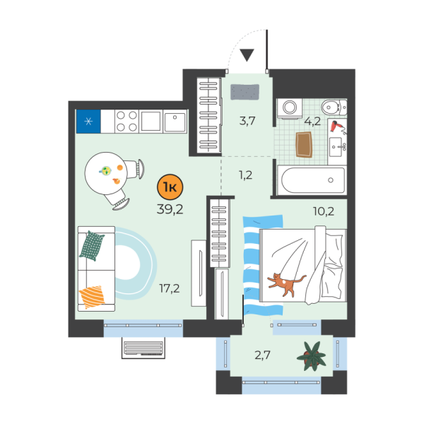 Новая 1-к квартира
 37.3 м² на 7/25 этаже в ЖК «Корней» в городе Тюмень 