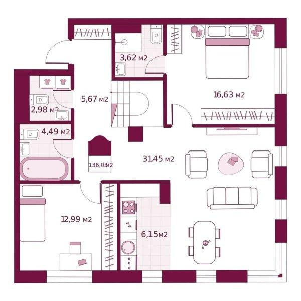 Новая 2-к квартира
 136.03 м² на 5/6 этаже в ЖК «Secret Place» в городе Тюмень 