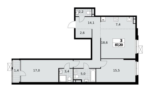 Новая 3-к квартира
 87.2 м² на 11/16 этаже в ЖК «Дом на Зорге» в городе Тюмень 