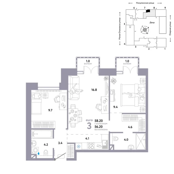 Новая 3-к квартира
 58.2 м² на 7/30 этаже в ЖК «Страна.Озёрная» в городе Тюмень 