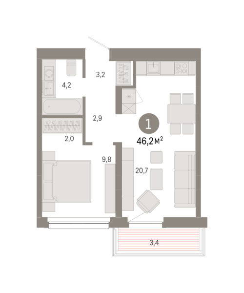 Новая 1-к квартира
 46.2 м² на 6/7 этаже в ЖК «Квартал Нефть» в городе Тюмень 