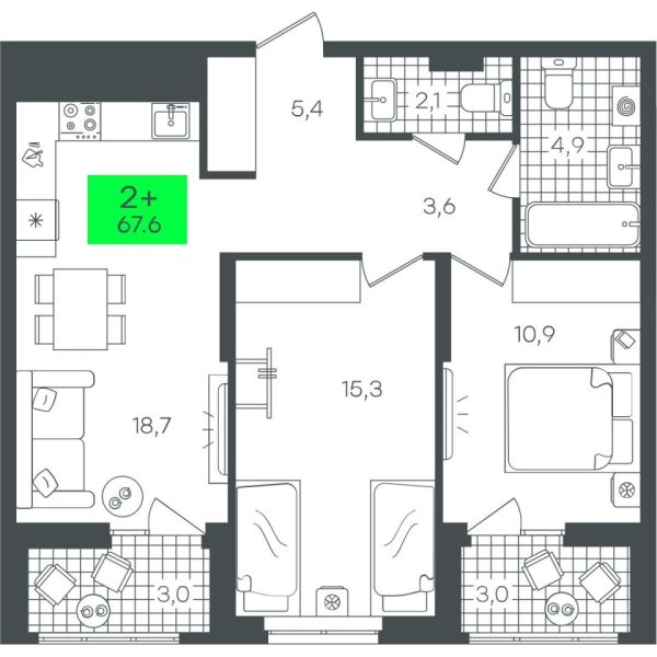 Новая 2-к квартира
 67.61 м² на 12/22 этаже в ЖК «Гранд Квартал» в городе Тюмень 