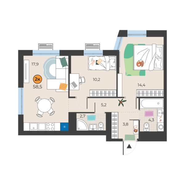 Новая 2-к квартира
 58.5 м² на 25/25 этаже в ЖК «Корней» в городе Тюмень 