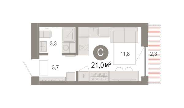 Новая квартира-студия
 21.01 м² на 5/9 этаже в ЖК «Октябрьский на Туре» в городе Тюмень 