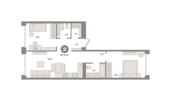 Новая 2-к квартира
 67.3 м² на 2/6 этаже в ЖК «Дом «А»» в городе Тюмень 