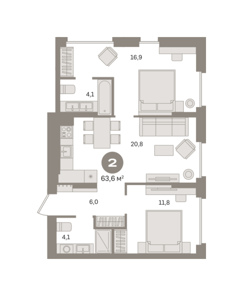 Новая 2-к квартира
 63.62 м² на 15/17 этаже в ЖК «Первый квартал» в городе Тюмень 