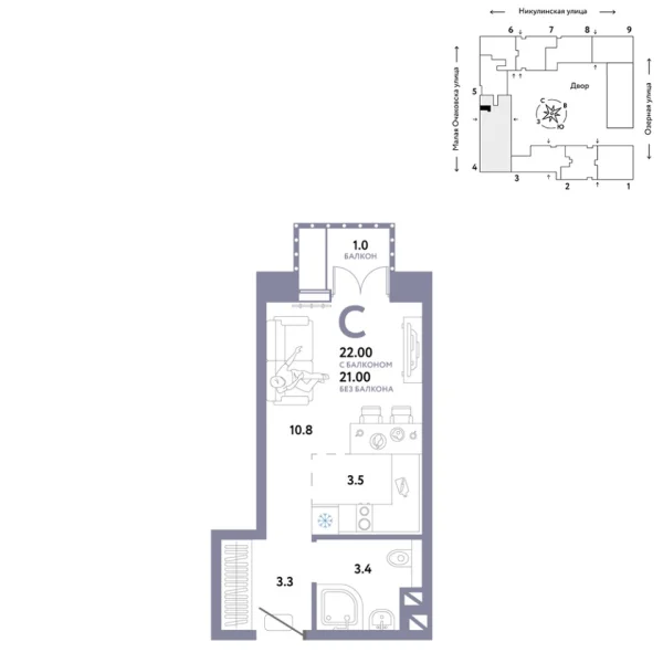 Новая квартира-студия
 22 м² на 3/30 этаже в ЖК «Страна.Озёрная» в городе Тюмень 