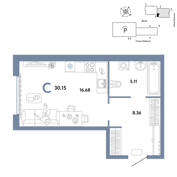 Новая квартира-студия
 30.15 м² на 10/24 этаже в ЖК «Страна.Энтузиастов» в городе Тюмень 