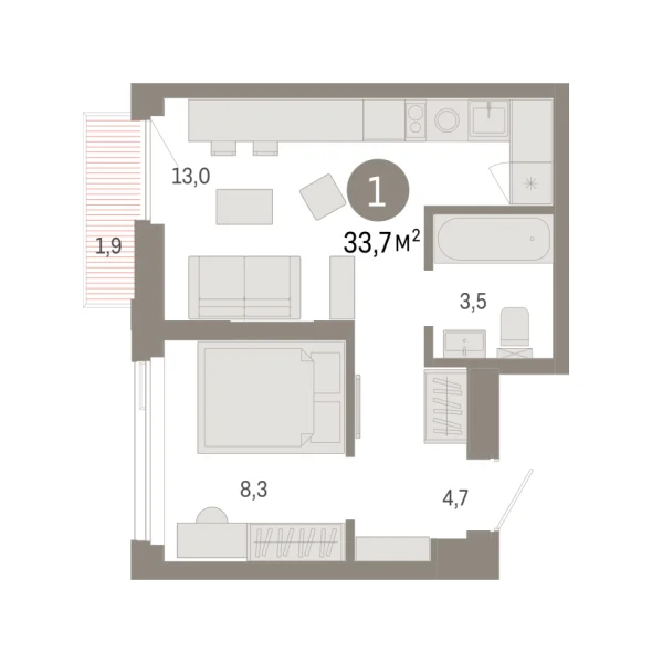 Новая 1-к квартира
 33.71 м² на 14/25 этаже в ЖК «Зарека» в городе Тюмень 