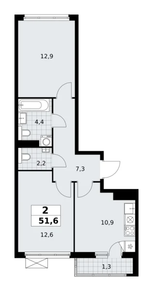 Новая 2-к квартира
 51.6 м² на 16/19 этаже в ЖК «Бунинские кварталы» в городе Тюмень 