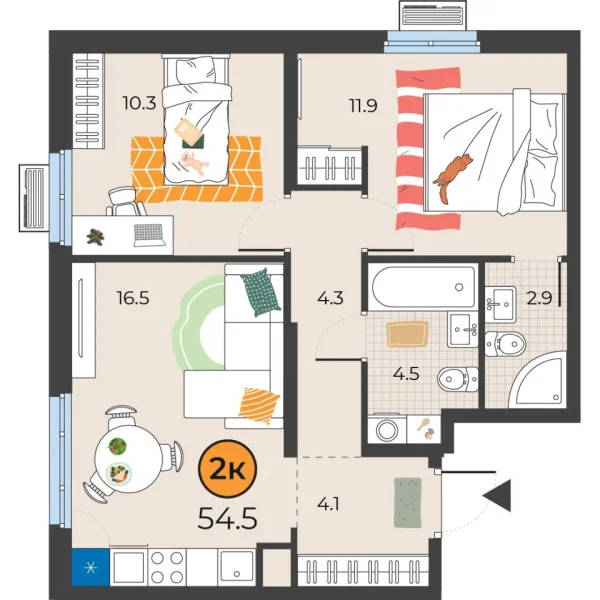 Новая 2-к квартира
 54.5 м² на 6/25 этаже в ЖК «Корней» в городе Тюмень 