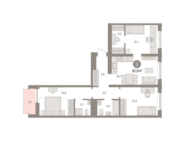 Новая 3-к квартира
 81.5 м² на 7/9 этаже в ЖК «Речной порт» в городе Тюмень 