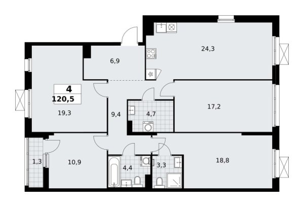 Новая 4-к квартира
 120.5 м² на 10/16 этаже в ЖК «Прокшино» в городе Тюмень 
