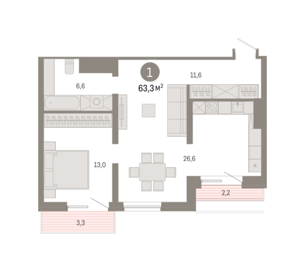 Новая 1-к квартира
 63.28 м² на 7/8 этаже в ЖК «Северный квартал» в городе Тюмень 