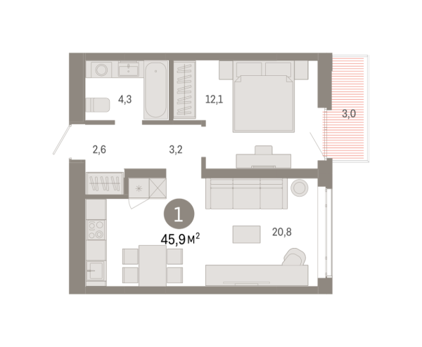 Новая 1-к квартира
 45.89 м² на 8/9 этаже в ЖК «Республики 205» в городе Тюмень 