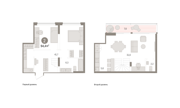 Новая 2-к квартира
 94.4 м² на 5/5 этаже в ЖК «Речной порт» в городе Тюмень 