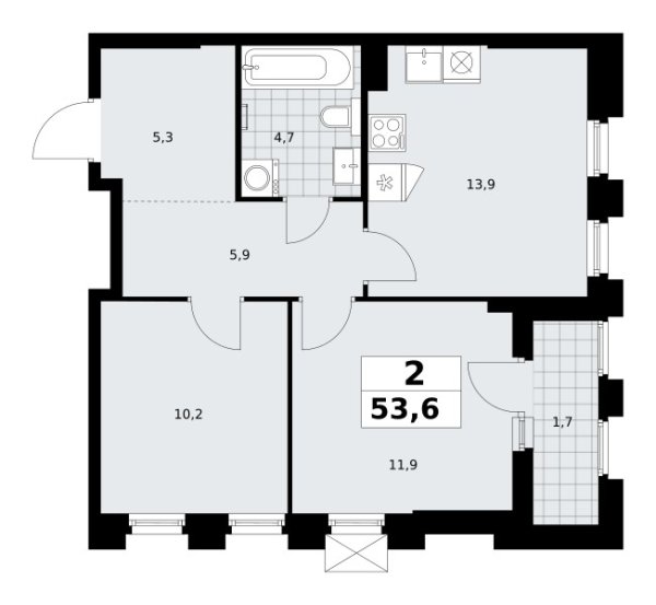 Новая 2-к квартира
 53.6 м² на 7/22 этаже в ЖК «Деснаречье» в городе Тюмень 