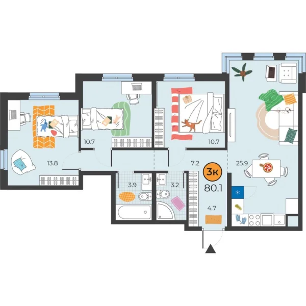 Новая 3-к квартира
 80.1 м² на 4/25 этаже в ЖК «Корней» в городе Тюмень 