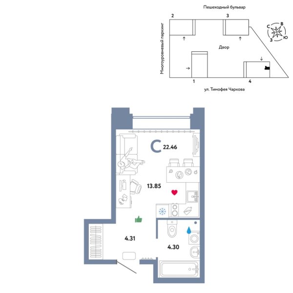 Новая квартира-студия
 22.46 м² на 29/31 этаже в ЖК «Звёздный» в городе Тюмень 