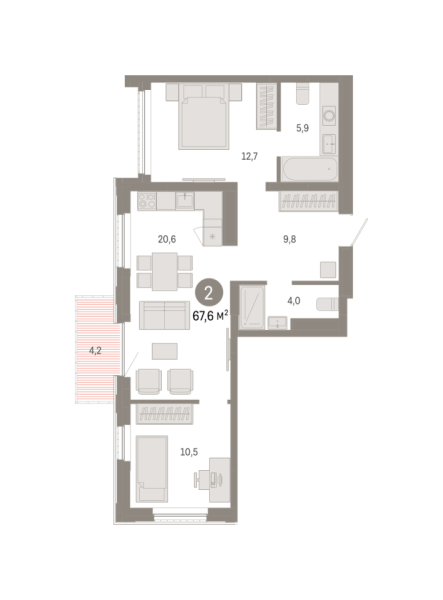Новая 2-к квартира
 67.59 м² на 14/25 этаже в ЖК «Октябрьский на Туре» в городе Тюмень 