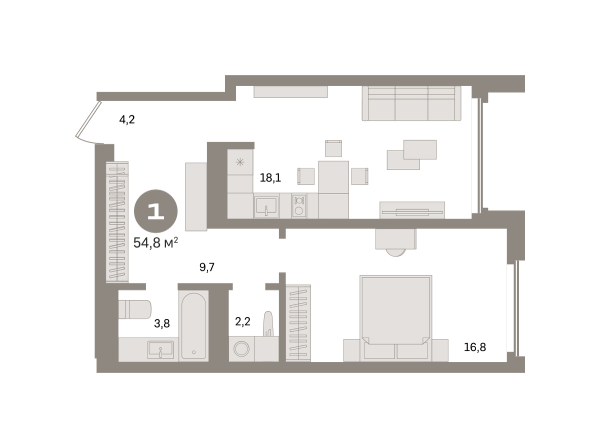 Новая 1-к квартира
 54.8 м² на 21/24 этаже в ЖК «Южные кварталы» в городе Тюмень 