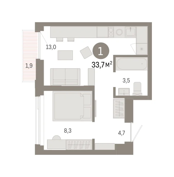 Новая 1-к квартира
 33.71 м² на 18/25 этаже в ЖК «Зарека» в городе Тюмень 